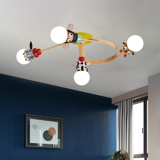 Kids Animal Head Flushmount Frosted Glass 4/5 Bulbs Nursery Flush Ceiling Light with Spiral Design in Yellow 4 Yellow Clearhalo 'Ceiling Lights' 'Close To Ceiling Lights' 'Close to ceiling' 'Glass shade' 'Glass' 'Semi-flushmount' Lighting' 1475484