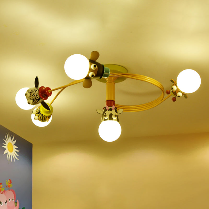 Kids Animal Head Flushmount Frosted Glass 4/5 Bulbs Nursery Flush Ceiling Light with Spiral Design in Yellow Clearhalo 'Ceiling Lights' 'Close To Ceiling Lights' 'Close to ceiling' 'Glass shade' 'Glass' 'Semi-flushmount' Lighting' 1475487