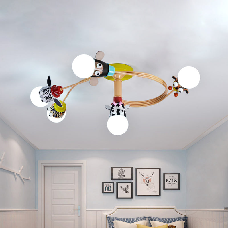 Kids Animal Head Flushmount Frosted Glass 4/5 Bulbs Nursery Flush Ceiling Light with Spiral Design in Yellow Clearhalo 'Ceiling Lights' 'Close To Ceiling Lights' 'Close to ceiling' 'Glass shade' 'Glass' 'Semi-flushmount' Lighting' 1475488