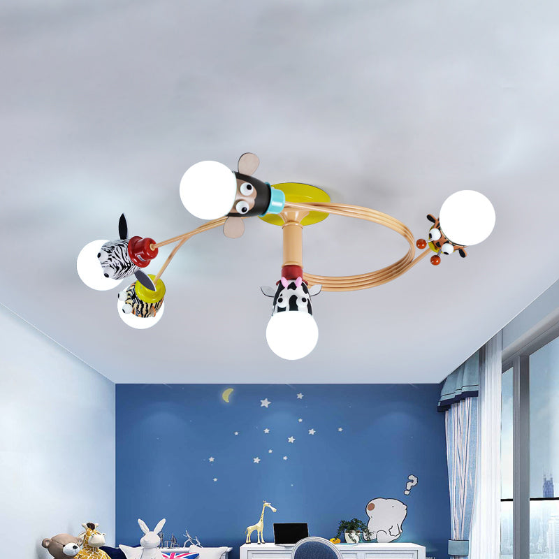 Kids Animal Head Flushmount Frosted Glass 4/5 Bulbs Nursery Flush Ceiling Light with Spiral Design in Yellow 5 Yellow Clearhalo 'Ceiling Lights' 'Close To Ceiling Lights' 'Close to ceiling' 'Glass shade' 'Glass' 'Semi-flushmount' Lighting' 1475489