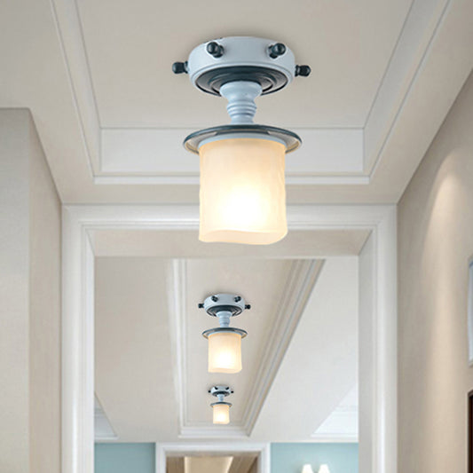 1-Light Corridor Semi-Flush Mount Mediterranean Blue Flush Light with Cylindrical Opal Glass Shade Clearhalo 'Ceiling Lights' 'Close To Ceiling Lights' 'Close to ceiling' 'Glass shade' 'Glass' 'Pendant Lights' 'Semi-flushmount' Lighting' 1475493
