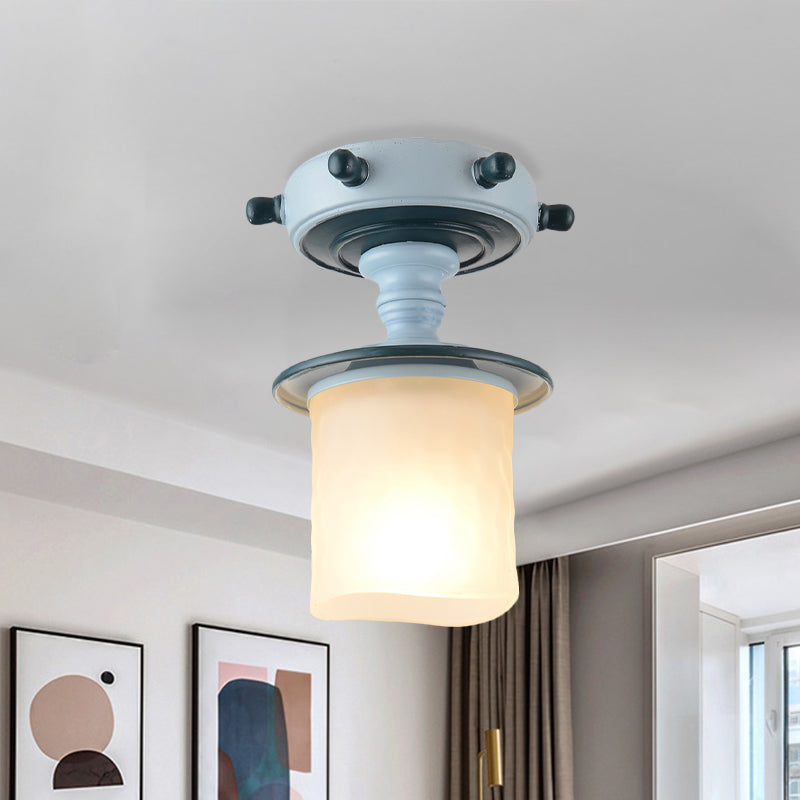 1-Light Corridor Semi-Flush Mount Mediterranean Blue Flush Light with Cylindrical Opal Glass Shade Clearhalo 'Ceiling Lights' 'Close To Ceiling Lights' 'Close to ceiling' 'Glass shade' 'Glass' 'Pendant Lights' 'Semi-flushmount' Lighting' 1475494