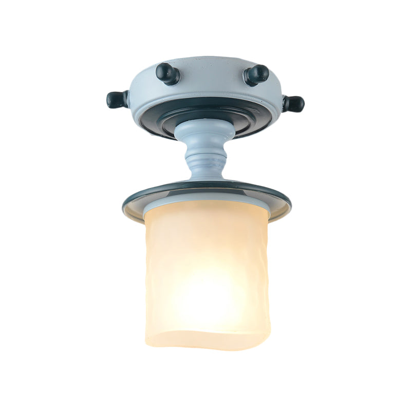 1-Light Corridor Semi-Flush Mount Mediterranean Blue Flush Light with Cylindrical Opal Glass Shade Clearhalo 'Ceiling Lights' 'Close To Ceiling Lights' 'Close to ceiling' 'Glass shade' 'Glass' 'Pendant Lights' 'Semi-flushmount' Lighting' 1475495