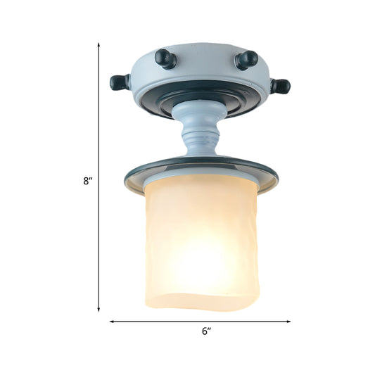 1-Light Corridor Semi-Flush Mount Mediterranean Blue Flush Light with Cylindrical Opal Glass Shade Clearhalo 'Ceiling Lights' 'Close To Ceiling Lights' 'Close to ceiling' 'Glass shade' 'Glass' 'Pendant Lights' 'Semi-flushmount' Lighting' 1475496