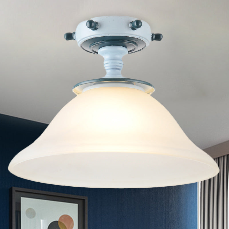 Bell Opal Glass Semi Flush Mediterranean 1-Bulb Blue Flush Mount Ceiling Lighting Fixture for Living Room Blue Clearhalo 'Ceiling Lights' 'Chandeliers' 'Close To Ceiling Lights' 'Close to ceiling' 'Glass shade' 'Glass' 'Semi-flushmount' Lighting' 1475497