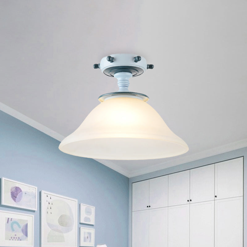 Bell Opal Glass Semi Flush Mediterranean 1-Bulb Blue Flush Mount Ceiling Lighting Fixture for Living Room Clearhalo 'Ceiling Lights' 'Chandeliers' 'Close To Ceiling Lights' 'Close to ceiling' 'Glass shade' 'Glass' 'Semi-flushmount' Lighting' 1475498