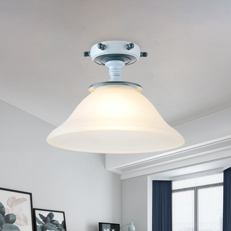 Bell Opal Glass Semi Flush Mediterranean 1-Bulb Blue Flush Mount Ceiling Lighting Fixture for Living Room Clearhalo 'Ceiling Lights' 'Chandeliers' 'Close To Ceiling Lights' 'Close to ceiling' 'Glass shade' 'Glass' 'Semi-flushmount' Lighting' 1475499