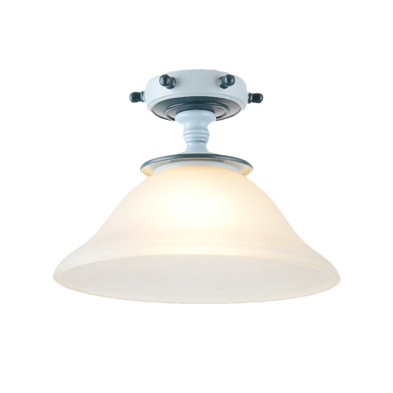 Bell Opal Glass Semi Flush Mediterranean 1-Bulb Blue Flush Mount Ceiling Lighting Fixture for Living Room Clearhalo 'Ceiling Lights' 'Chandeliers' 'Close To Ceiling Lights' 'Close to ceiling' 'Glass shade' 'Glass' 'Semi-flushmount' Lighting' 1475500