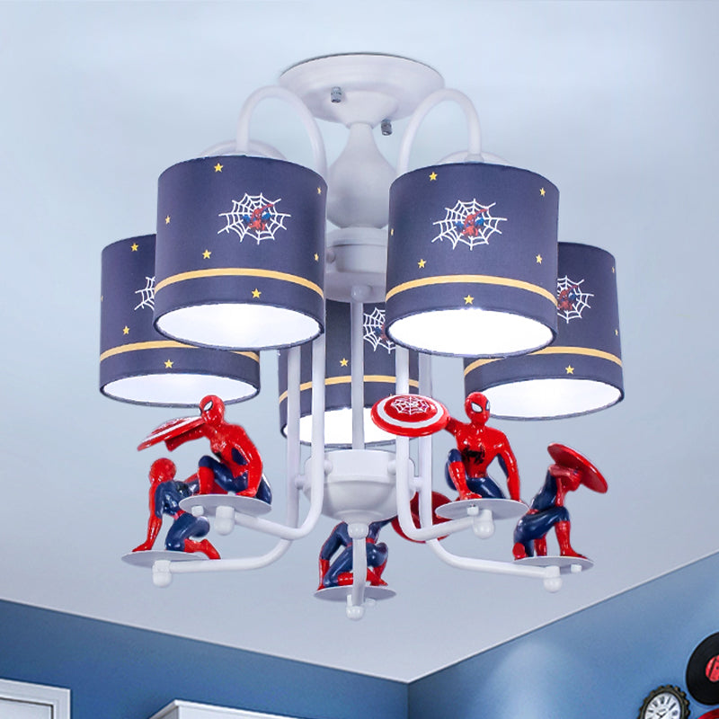 Blue Cylinder Semi Flush Ceiling Light Kids 5 Lights Fabric Flush Mount Lighting with Cartoon Character Blue Clearhalo 'Ceiling Lights' 'Close To Ceiling Lights' 'Close to ceiling' 'Semi-flushmount' Lighting' 1475507