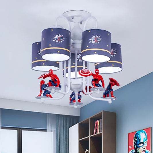 Blue Cylinder Semi Flush Ceiling Light Kids 5 Lights Fabric Flush Mount Lighting with Cartoon Character Clearhalo 'Ceiling Lights' 'Close To Ceiling Lights' 'Close to ceiling' 'Semi-flushmount' Lighting' 1475508