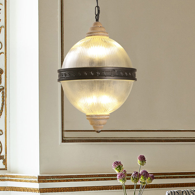6-Bulb Chandelier Lighting Rural Living Room Pendant Light Fixture with Globe Clear Ribbed Glass Shade Clearhalo 'Ceiling Lights' 'Chandeliers' 'Glass shade' 'Glass' 'Pendant Lights' Lighting' 1475563