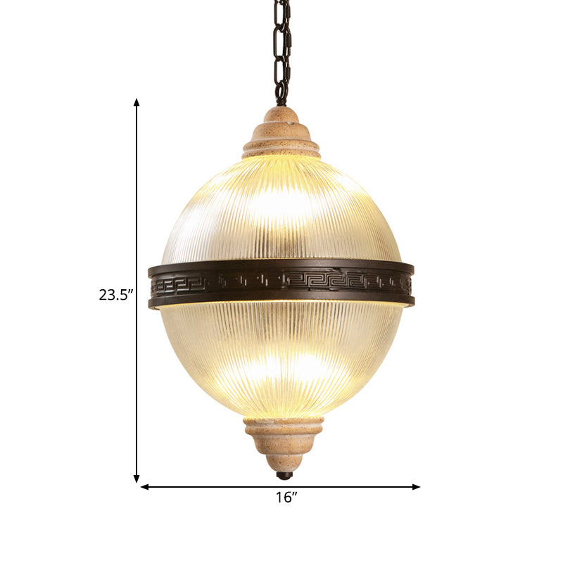 6-Bulb Chandelier Lighting Rural Living Room Pendant Light Fixture with Globe Clear Ribbed Glass Shade Clearhalo 'Ceiling Lights' 'Chandeliers' 'Glass shade' 'Glass' 'Pendant Lights' Lighting' 1475566