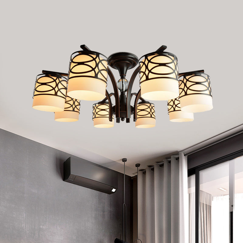 Cylinder Living Room Semi Flush Light Fixture Rustic Opal Glass 3/6/8 Heads Black Metallic Close to Ceiling Lamp