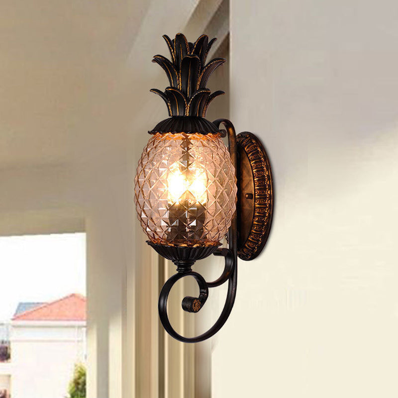 Antique Pineapple Wall Mount Light 1-Bulb Smoke Gray Ribbed Glass Wall Lamp in Brass for Outdoor Brass Clearhalo 'Wall Lamps & Sconces' 'Wall Lights' Lighting' 1475632
