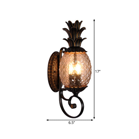 Antique Pineapple Wall Mount Light 1-Bulb Smoke Gray Ribbed Glass Wall Lamp in Brass for Outdoor Clearhalo 'Wall Lamps & Sconces' 'Wall Lights' Lighting' 1475636
