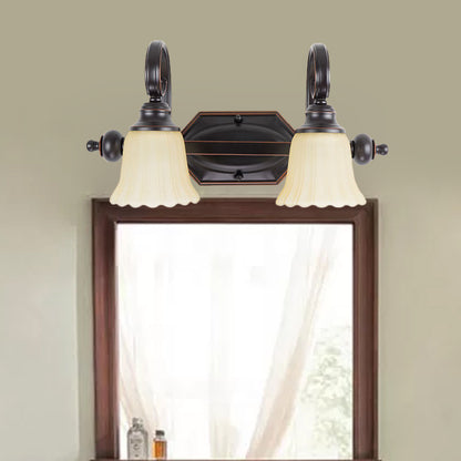 Black Flared Vanity Lighting Fixture Rural Frosted Glass 2/3 Heads Bathroom Wall Sconce with Swirl Arm 2.0 Black Clearhalo 'Vanity Lights' 'Wall Lights' Lighting' 1475674