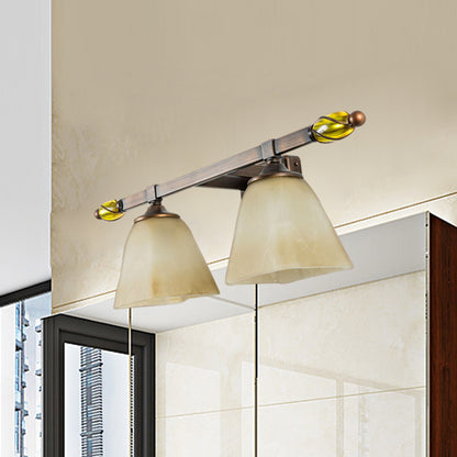 Frosted Glass Brass Vanity Lamp Paneled Bell 2/3 Lights Country Style Wall Sconce Lighting for Bathroom 2.0 Brass Clearhalo 'Vanity Lights' 'Wall Lights' Lighting' 1475679