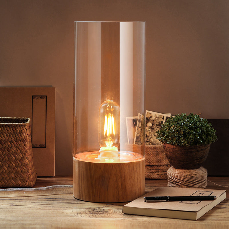 1 Head Cylinder Night Table Lamp Farmhouse Style Clear Glass Nightstand Light with Wood Base Clear Clearhalo 'Lamps' 'Table Lamps' Lighting' 1475702