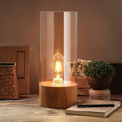 1 Head Cylinder Night Table Lamp Farmhouse Style Clear Glass Nightstand Light with Wood Base Clear Clearhalo 'Lamps' 'Table Lamps' Lighting' 1475702