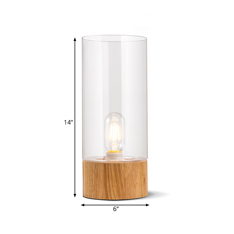 1 Head Cylinder Night Table Lamp Farmhouse Style Clear Glass Nightstand Light with Wood Base Clearhalo 'Lamps' 'Table Lamps' Lighting' 1475706