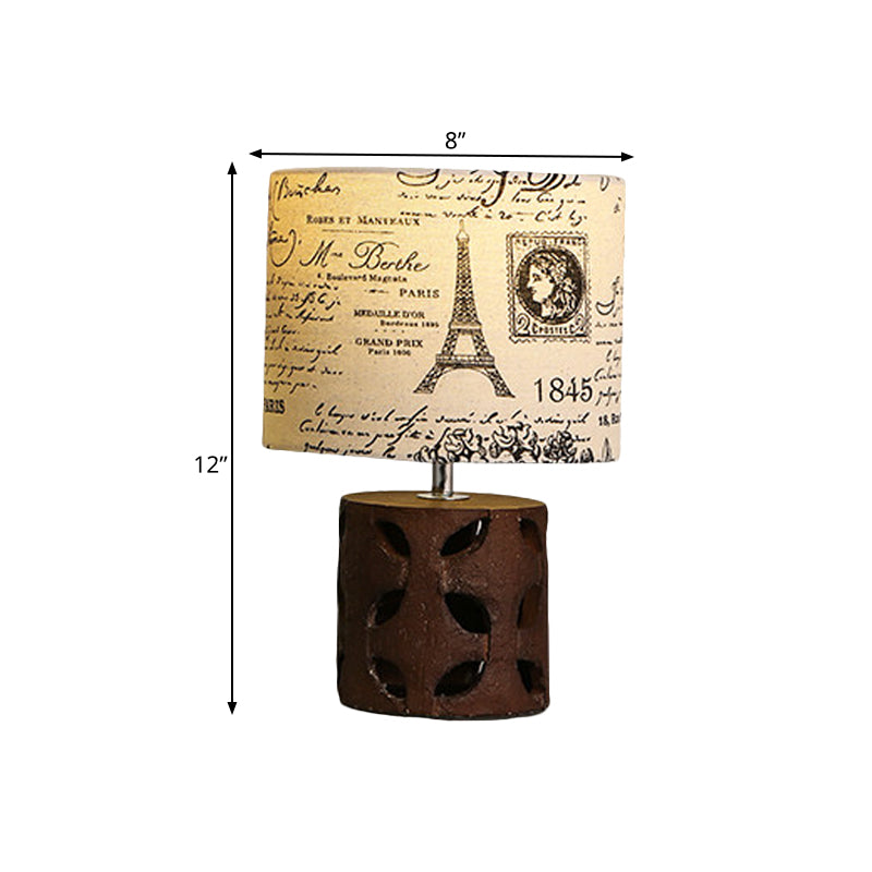 Drum Living Room Table Lighting Country Fabric 1 Light Beige Script Printing Desk Light with Resin Etched Cylinder/Baluster Base Clearhalo 'Lamps' 'Table Lamps' Lighting' 1475726