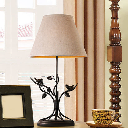 Tapered Fabric Table Light Vintage 1 Head Living Room Nightstand Lighting in White with Branch Design White Clearhalo 'Lamps' 'Table Lamps' Lighting' 1475732