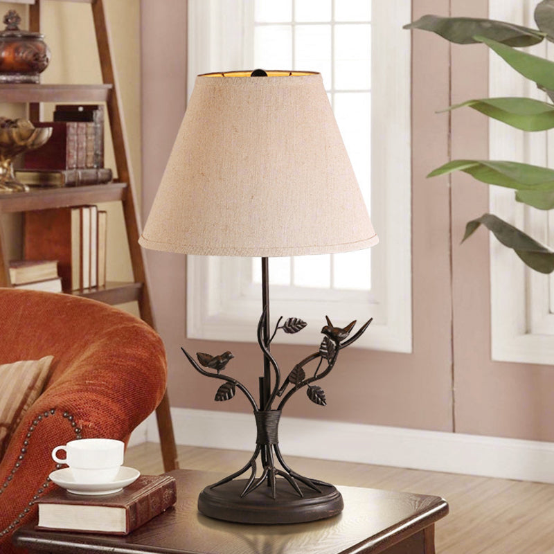 Tapered Fabric Table Light Vintage 1 Head Living Room Nightstand Lighting in White with Branch Design Clearhalo 'Lamps' 'Table Lamps' Lighting' 1475733