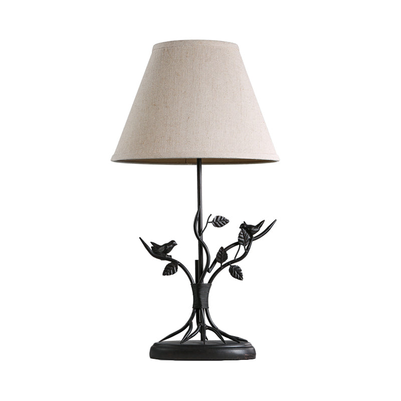 Tapered Fabric Table Light Vintage 1 Head Living Room Nightstand Lighting in White with Branch Design Clearhalo 'Lamps' 'Table Lamps' Lighting' 1475735