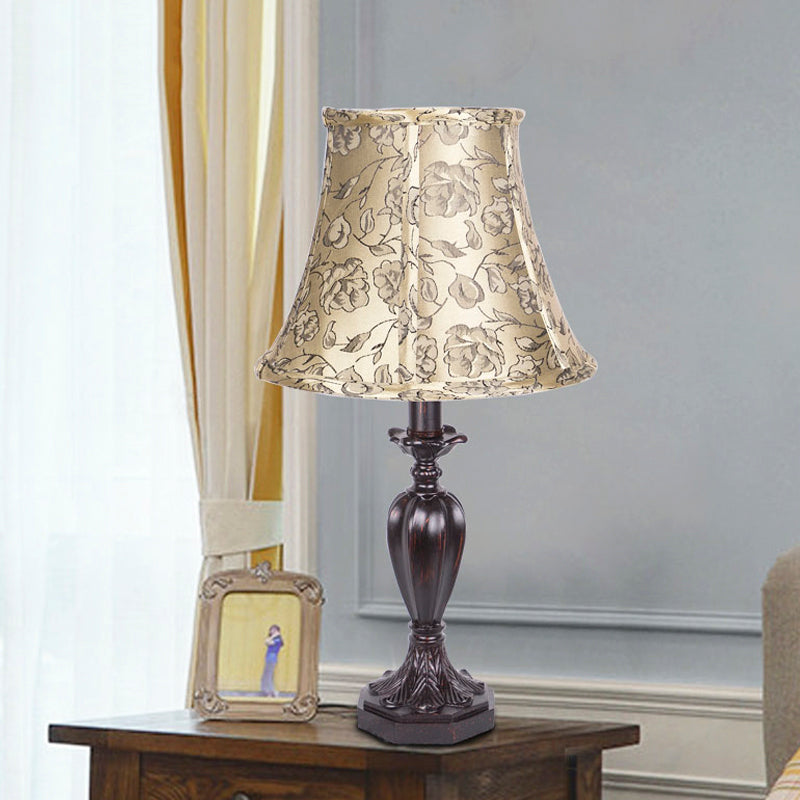 Fabric Beige Nightstand Lamp Bell Shade 1 Light Antiqued Flower Patterned Table Light with Resin Font Design Beige Clearhalo 'Lamps' 'Table Lamps' Lighting' 1475747