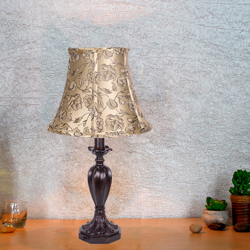Fabric Beige Nightstand Lamp Bell Shade 1 Light Antiqued Flower Patterned Table Light with Resin Font Design Clearhalo 'Lamps' 'Table Lamps' Lighting' 1475748