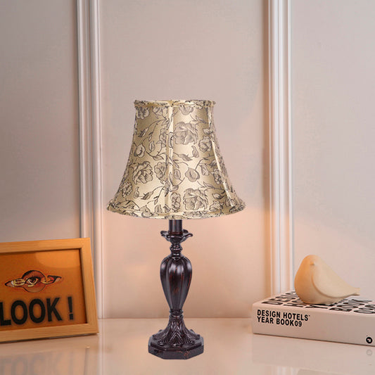 Fabric Beige Nightstand Lamp Bell Shade 1 Light Antiqued Flower Patterned Table Light with Resin Font Design Clearhalo 'Lamps' 'Table Lamps' Lighting' 1475749
