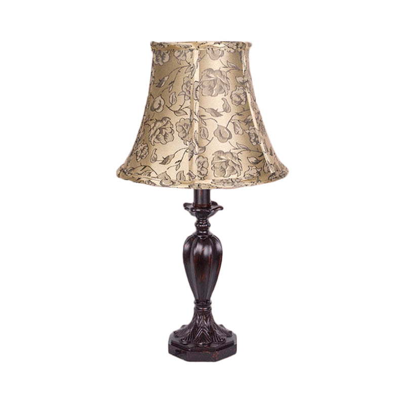Fabric Beige Nightstand Lamp Bell Shade 1 Light Antiqued Flower Patterned Table Light with Resin Font Design Clearhalo 'Lamps' 'Table Lamps' Lighting' 1475750