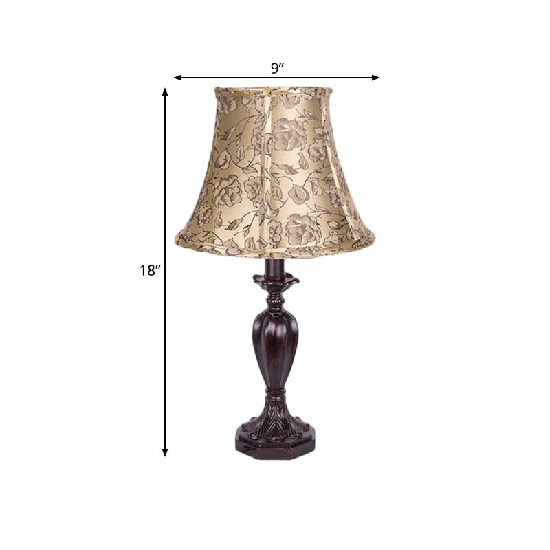 Fabric Beige Nightstand Lamp Bell Shade 1 Light Antiqued Flower Patterned Table Light with Resin Font Design Clearhalo 'Lamps' 'Table Lamps' Lighting' 1475751