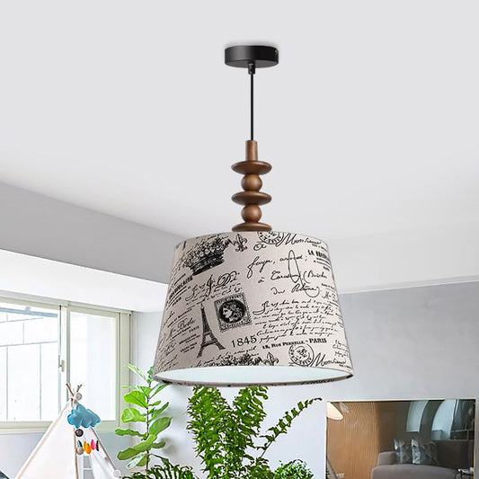 1 Bulb Fabric Suspension Light Countryside Fabric White Conical Script Printing Dining Room Drop Pendant Clearhalo 'Ceiling Lights' 'Pendant Lights' 'Pendants' Lighting' 1475816