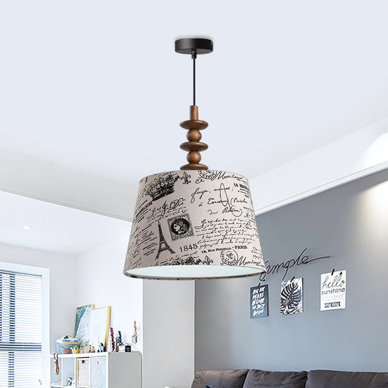 1 Bulb Fabric Suspension Light Countryside Fabric White Conical Script Printing Dining Room Drop Pendant Clearhalo 'Ceiling Lights' 'Pendant Lights' 'Pendants' Lighting' 1475817