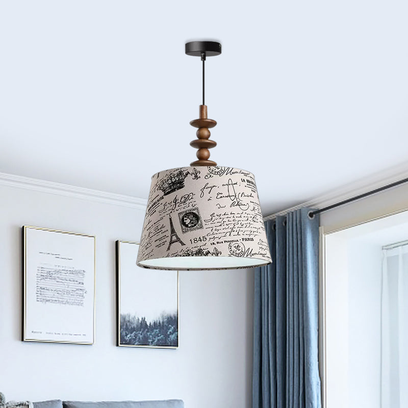 1 Bulb Fabric Suspension Light Countryside Fabric White Conical Script Printing Dining Room Drop Pendant Clearhalo 'Ceiling Lights' 'Pendant Lights' 'Pendants' Lighting' 1475818