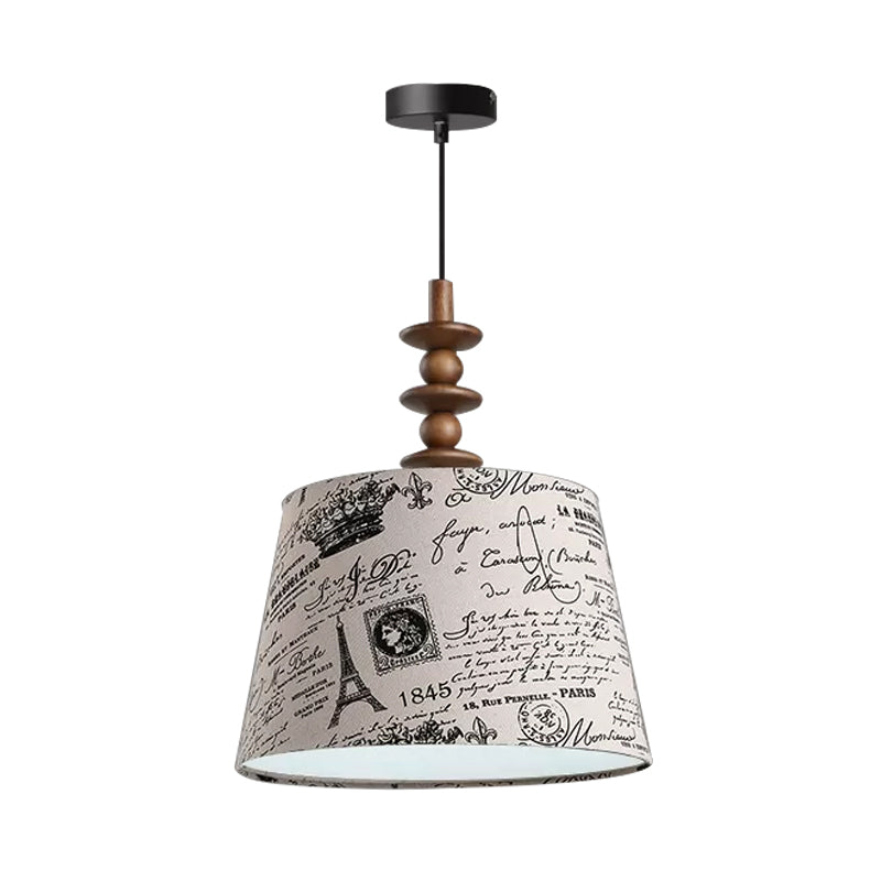 1 Bulb Fabric Suspension Light Countryside Fabric White Conical Script Printing Dining Room Drop Pendant Clearhalo 'Ceiling Lights' 'Pendant Lights' 'Pendants' Lighting' 1475819