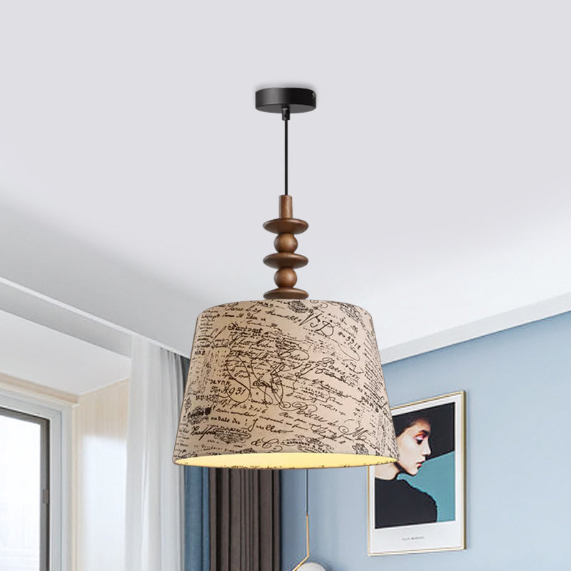 1 Bulb Fabric Suspension Light Countryside Fabric White Conical Script Printing Dining Room Drop Pendant Clearhalo 'Ceiling Lights' 'Pendant Lights' 'Pendants' Lighting' 1475820