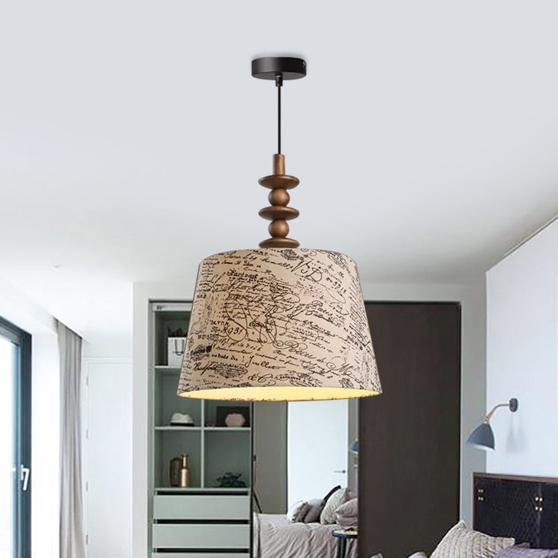 1 Bulb Fabric Suspension Light Countryside Fabric White Conical Script Printing Dining Room Drop Pendant Clearhalo 'Ceiling Lights' 'Pendant Lights' 'Pendants' Lighting' 1475821