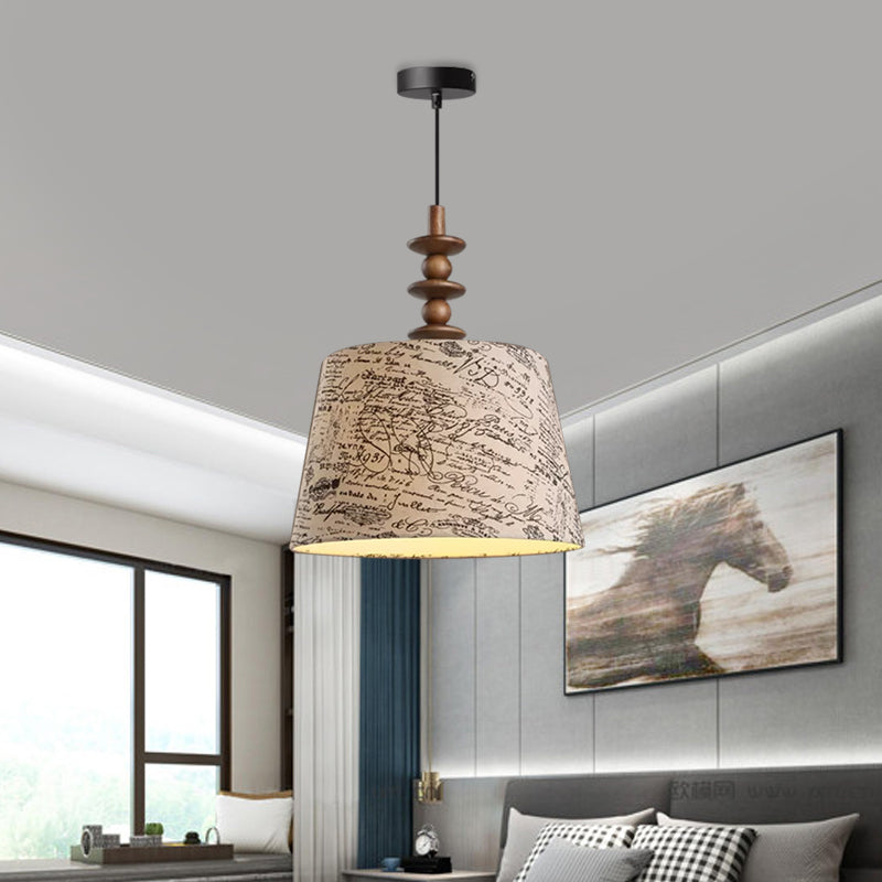 1 Bulb Fabric Suspension Light Countryside Fabric White Conical Script Printing Dining Room Drop Pendant Clearhalo 'Ceiling Lights' 'Pendant Lights' 'Pendants' Lighting' 1475822