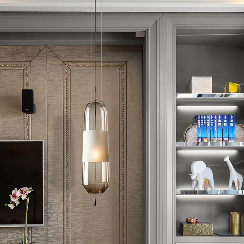 Ellipse Bedside Pendant Lighting Cognac/Smoke/Clear Glass 1-Light Simple Ceiling Suspension Lamp with Pull Chain Cognac Clearhalo 'Ceiling Lights' 'Glass shade' 'Glass' 'Modern Pendants' 'Modern' 'Pendant Lights' 'Pendants' Lighting' 1475919