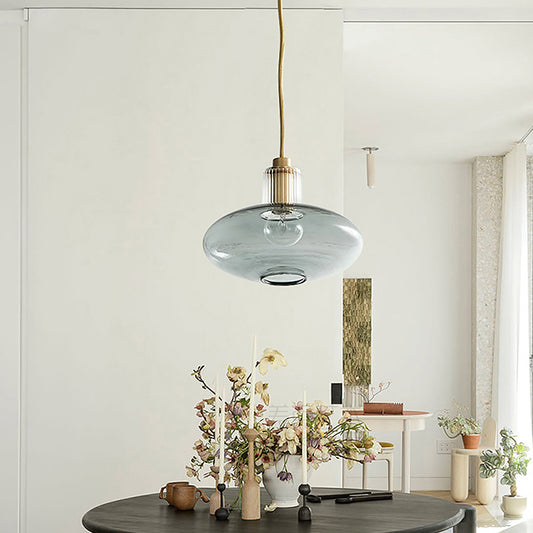 Oval Hanging Light Fixture Mid Century Blue Open Glass 1 Bulb Dining Room Pendant Lighting with Brass Cork Clearhalo 'Ceiling Lights' 'Chandeliers' 'Glass shade' 'Glass' 'Modern Pendants' 'Modern' 'Pendant Lights' 'Pendants' Lighting' 1475958