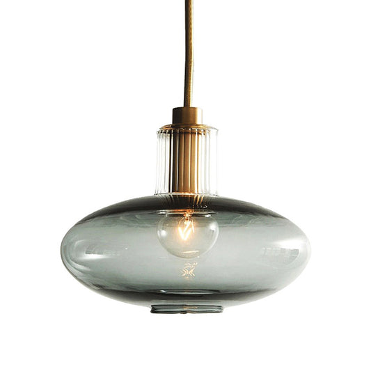 Oval Hanging Light Fixture Mid Century Blue Open Glass 1 Bulb Dining Room Pendant Lighting with Brass Cork Clearhalo 'Ceiling Lights' 'Chandeliers' 'Glass shade' 'Glass' 'Modern Pendants' 'Modern' 'Pendant Lights' 'Pendants' Lighting' 1475959