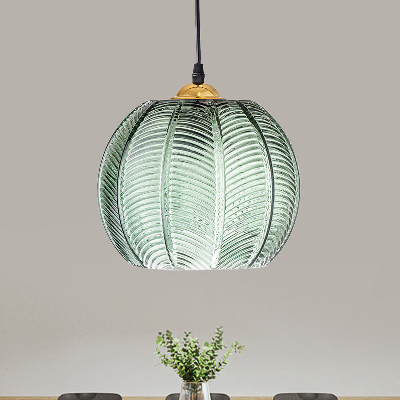 Pumpkin Dinette Pendant Lamp Green Ribbed Glass 1 Head Retro Style Hanging Light Kit Clearhalo 'Ceiling Lights' 'Glass shade' 'Glass' 'Island Lights' 'Modern Pendants' 'Modern' 'Pendant Lights' 'Pendants' Lighting' 1475967