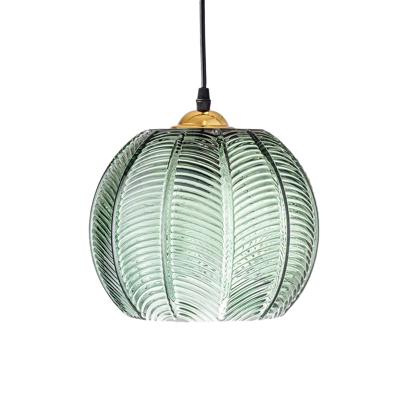 Pumpkin Dinette Pendant Lamp Green Ribbed Glass 1 Head Retro Style Hanging Light Kit Clearhalo 'Ceiling Lights' 'Glass shade' 'Glass' 'Island Lights' 'Modern Pendants' 'Modern' 'Pendant Lights' 'Pendants' Lighting' 1475968