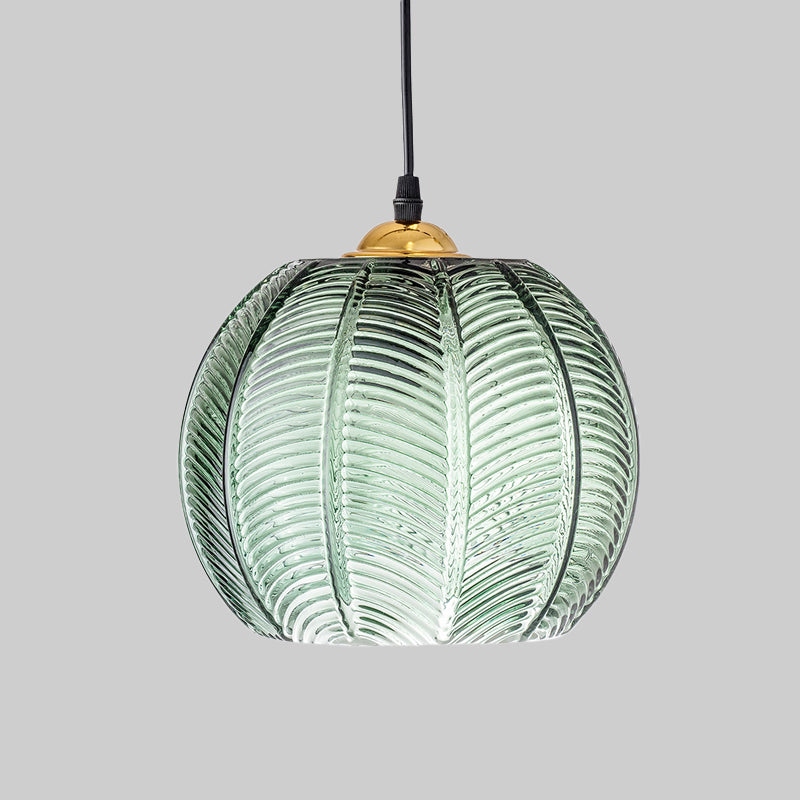 Pumpkin Dinette Pendant Lamp Green Ribbed Glass 1 Head Retro Style Hanging Light Kit Clearhalo 'Ceiling Lights' 'Glass shade' 'Glass' 'Island Lights' 'Modern Pendants' 'Modern' 'Pendant Lights' 'Pendants' Lighting' 1475969