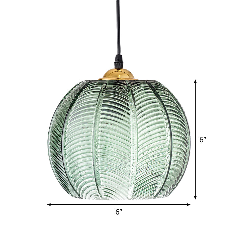 Pumpkin Dinette Pendant Lamp Green Ribbed Glass 1 Head Retro Style Hanging Light Kit Clearhalo 'Ceiling Lights' 'Glass shade' 'Glass' 'Island Lights' 'Modern Pendants' 'Modern' 'Pendant Lights' 'Pendants' Lighting' 1475970