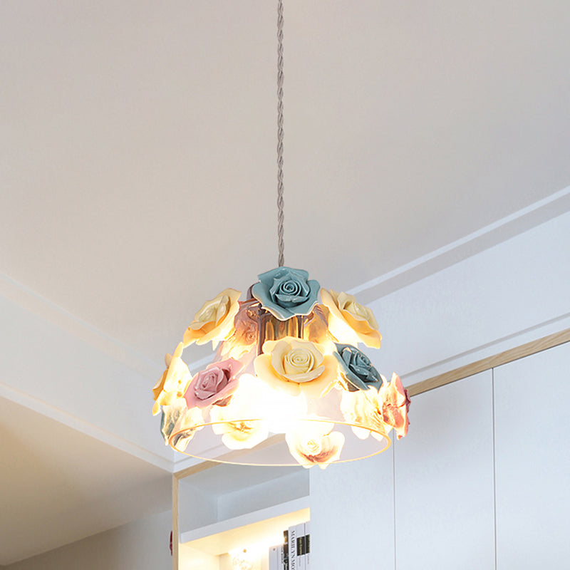 Transparent Glass Conical Hanging Lamp Modernist 1-Light Ceiling Pendant Light with Blue-Pink-Yellow Flower Decor Blue-Pink-Yellow Clearhalo 'Ceiling Lights' 'Glass shade' 'Glass' 'Island Lights' 'Modern Pendants' 'Modern' 'Pendant Lights' 'Pendants' Lighting' 1475971