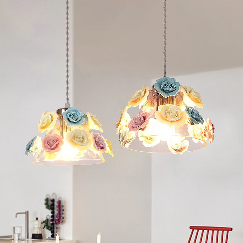 Transparent Glass Conical Hanging Lamp Modernist 1-Light Ceiling Pendant Light with Blue-Pink-Yellow Flower Decor Clearhalo 'Ceiling Lights' 'Glass shade' 'Glass' 'Island Lights' 'Modern Pendants' 'Modern' 'Pendant Lights' 'Pendants' Lighting' 1475972