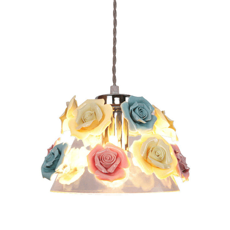 Transparent Glass Conical Hanging Lamp Modernist 1-Light Ceiling Pendant Light with Blue-Pink-Yellow Flower Decor Clearhalo 'Ceiling Lights' 'Glass shade' 'Glass' 'Island Lights' 'Modern Pendants' 'Modern' 'Pendant Lights' 'Pendants' Lighting' 1475973